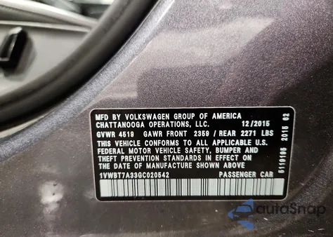 2016 Volkswagen Passat Se from USA, damaged, VIN 1VWBT7A33GC020542